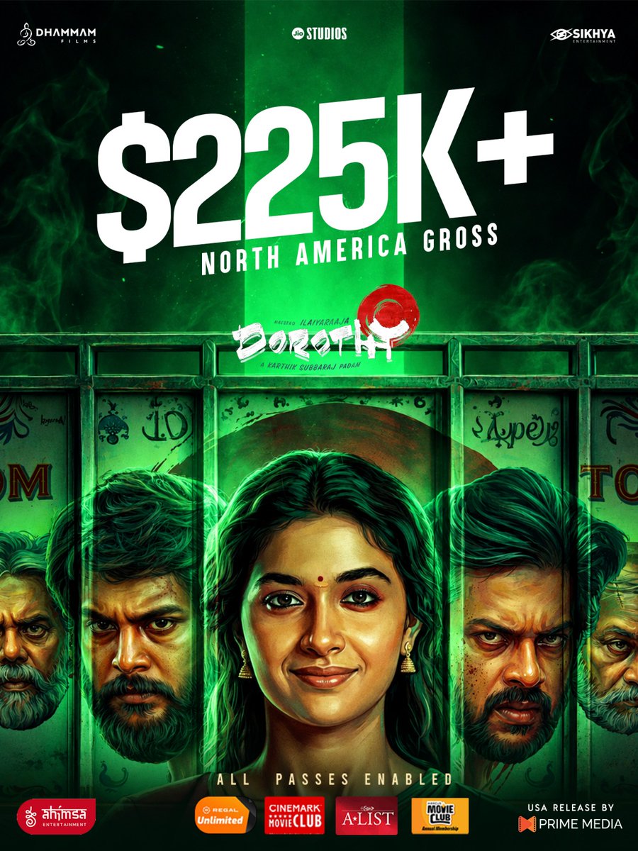 PrimeMediaUS's tweet photo. Dorothy hits $225K+ North America gross! 🔥

It’s Discount Tuesday in the USA—grab your tickets for Dorothy today before seats run out! 🎟️

Everyone is talking about this big-screen masterpiece; don't get left behind. All passes enabled! 🎬🍿

What was your favorite moment from Dorothy? Let’s hear it in the replies! 👇

#Dorothy #DorothyMovie #KarthikSubbaraj #Ilaiyaraaja #KeerthySuresh #DiscountTuesday #USA