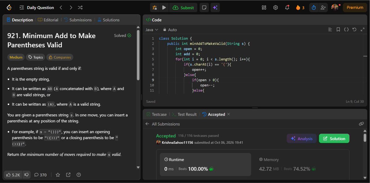 Krishna11156's tweet photo. Today's DSA Insight
Don't fix every bracket individually
Just track what's unmatched
921, Minimum Add to Make Parentheses Valid
#LeetCode #DSA #Java #Programming https://t.co/4cS4tIpAhV