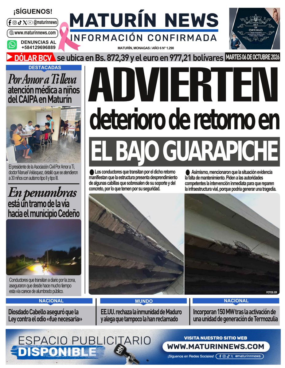 maturinnews's tweet photo. ¡Buenos días! Presentamos nuestra portada MARTES 06-10-2026.
.
.
Amplía las informaciones en https://t.co/wuWmO0vbJB
.
.
#Maturin #Monagas #Esviral #Noticias #Venezuela https://t.co/HctDi68Gyw