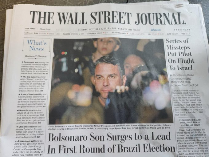 The front page of The Wall Street Journal newspaper from Monday, October 3, 2022, featuring headlines about the Brazilian election with Flávio Bolsonaro on the front page photo.