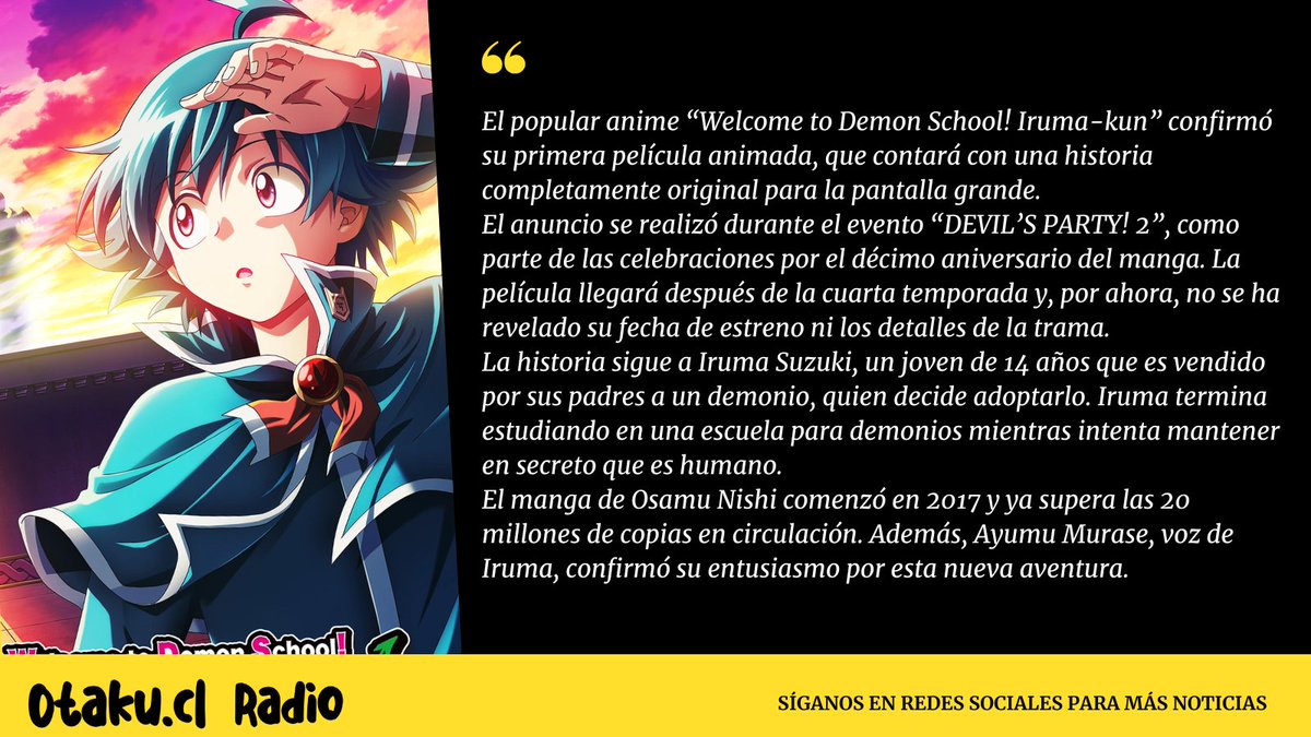 OtakuCLRADIO's tweet photo. Welcome to Demon School! Iruma-kun tendrá su primera película

Recuerda sintonizar nuestra radio:  https://t.co/1PpCk66OpW 

#WelcometoDemonSchoolIrumakun #noticiasdeanime #anime2026 #anime #jpop #jrock #kpop #vocaloid #CulturaOtaku #otaku #otakucl #AnimeRadio https://t.co/2CkkJvKS1N