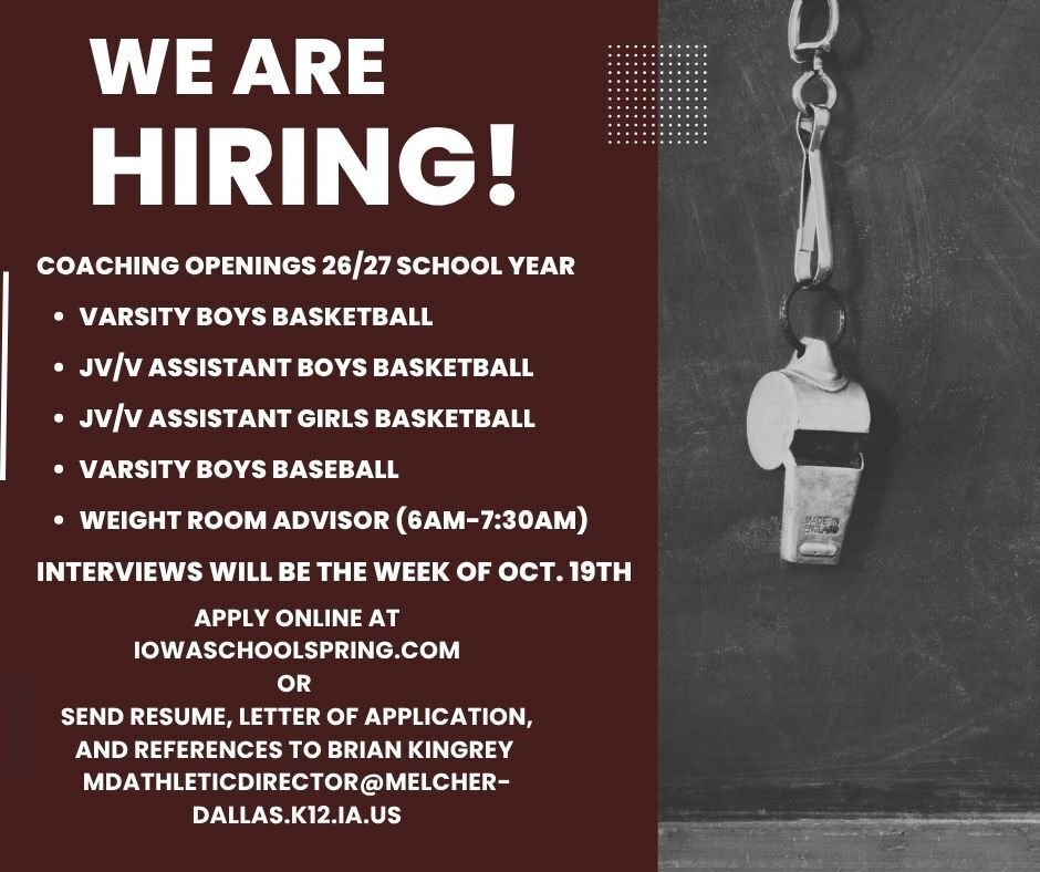 CsdDallas's tweet photo. Melcher-Dallas CSD has the following coaching opportunities available, if you are interested please reach out to mdathleticdirector@melcher-dallas.k12.ia.us. Interviews will be held during the week of October 19th! https://t.co/6xjbQQZ2Z2