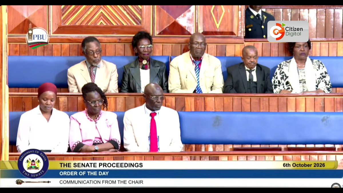 A screenshot of Kenyan Senate proceedings broadcast on Citizen Digital, showing several seated senators with banners indicating 'THE SENATE PROCEEDINGS,' 'ORDER OF THE DAY,' 'COMMUNICATION FROM THE CHAIR,' and dated '6th October 2026.'
