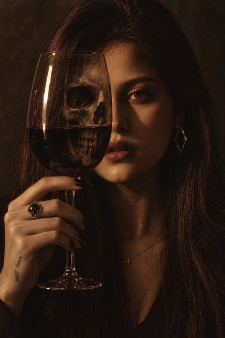 A woman with long dark hair holds a glass of red wine in front of her face, with a skull reflection visible in the wine glass.