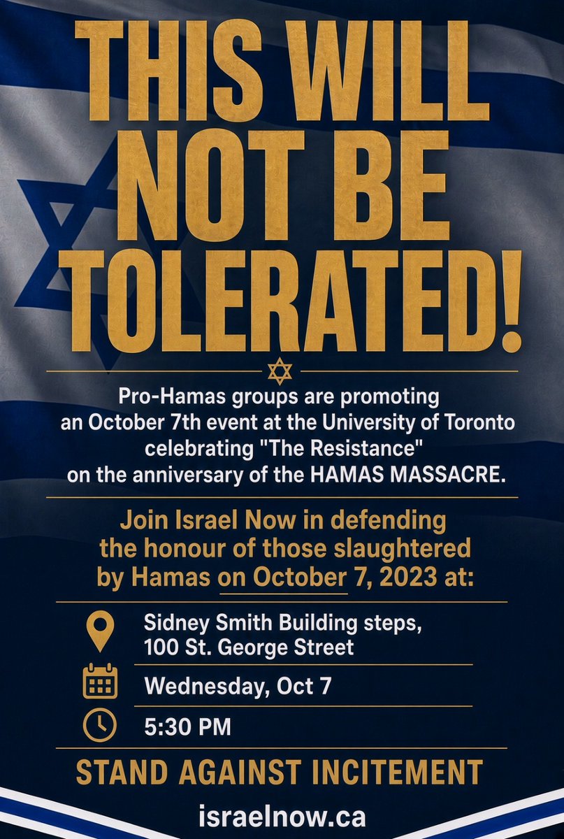 neveragainlive1's tweet photo. Join And Support The Israel Now Protest Against Hamas Recruitment Wednesday October 7th 5:30 PM At University Of Toronto On The Steps Of Sidney Smith Building 100 St. George Street

The following is a link to the pro Hamas instagram announcement:

https://t.co/lTEXoTs3Oq

"torontostudentsforpalestine"

Your contribution will enable us to protect the Jewish Community and defeat, combat, research, analyze and map planned Hamas BDS actions https://t.co/17CRS0YRX7 . With your help, we will plan actions to counter and stop BDS hate.