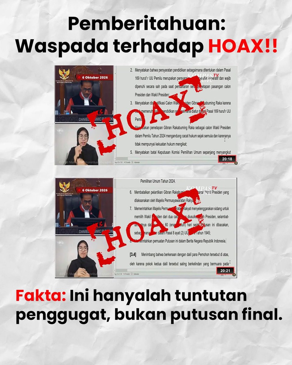 Duatinek2's tweet photo. Klarifikasi penting: Hoax Putusan MK soal Pasal 169 huruf r UU Pemilu itu MISINFORMASI. Saring sebelum sharing! https://t.co/Lr5mKHZRIo