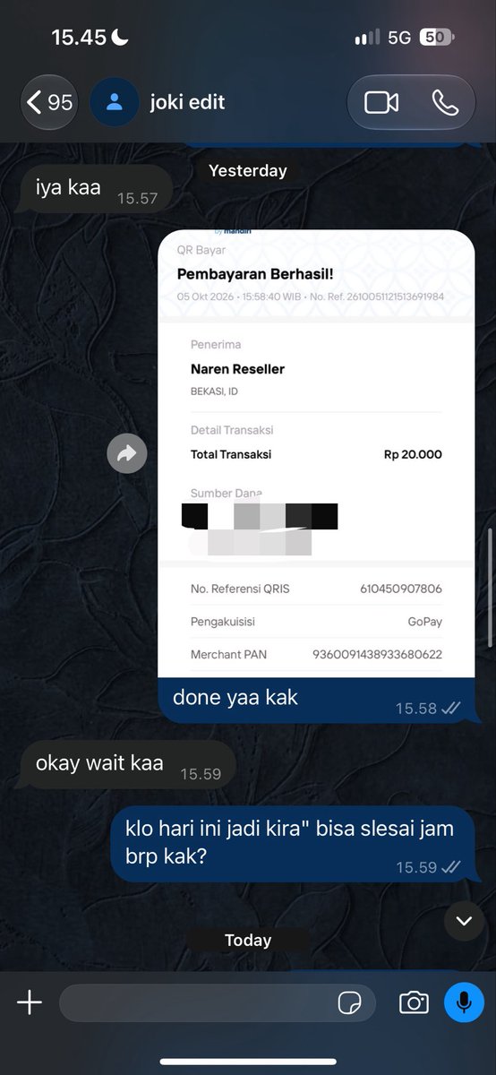enscsi's tweet photo. nahh yang janggal mulai dari sini. setelah aku kirim bukti payment extra fee, di menit yang sama, aku nanya pengerjaannya kira" selesai jam berapa, dan dia ga ngebales" chat ku sama sekali. https://t.co/rbdcf1rtPl