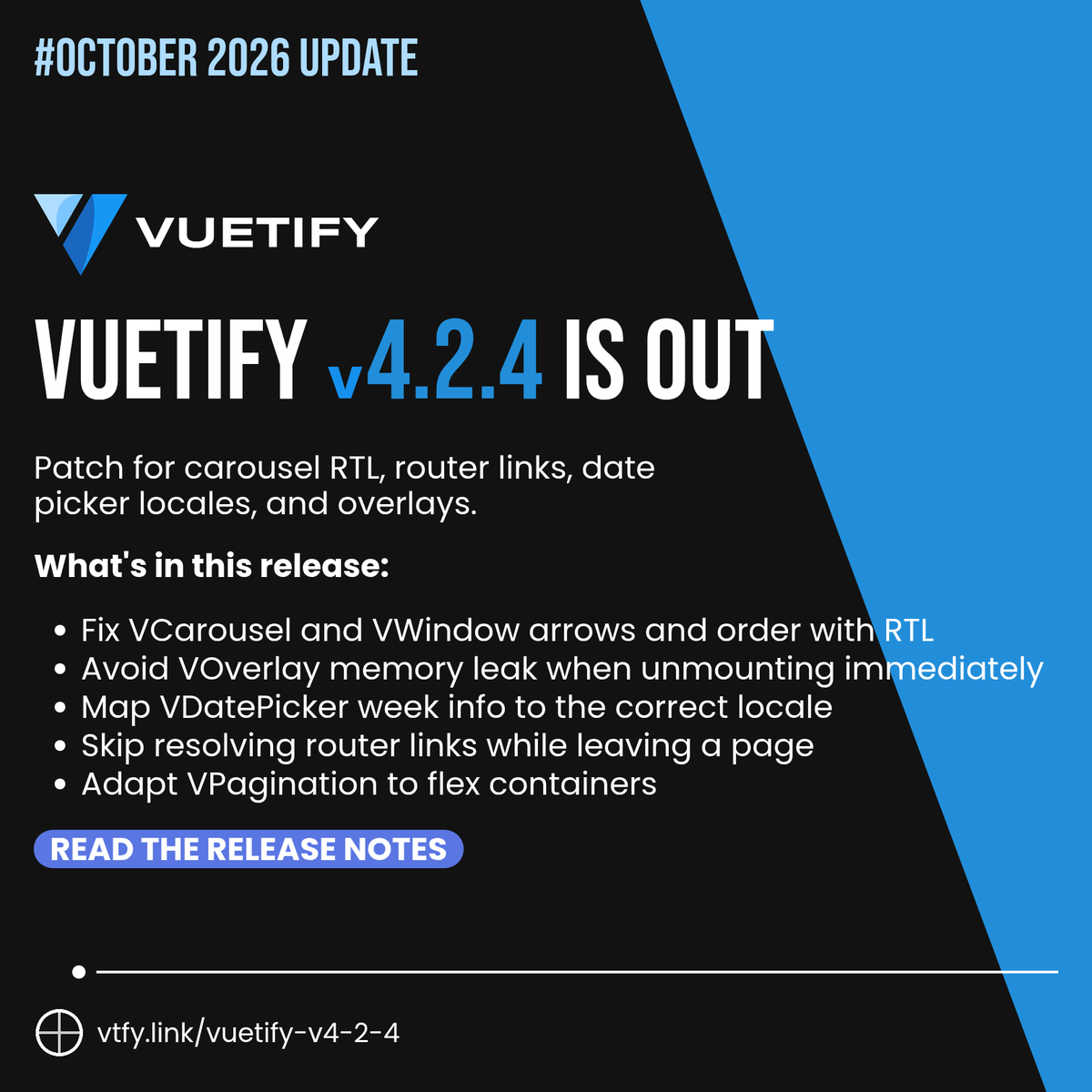 vuetifyjs's tweet photo. Vuetify v4.2.4 is out.

Patch for carousel RTL, router links, date picker locales, and overlays.

https://t.co/4L0SMKA74y https://t.co/ILbrFxNhN8