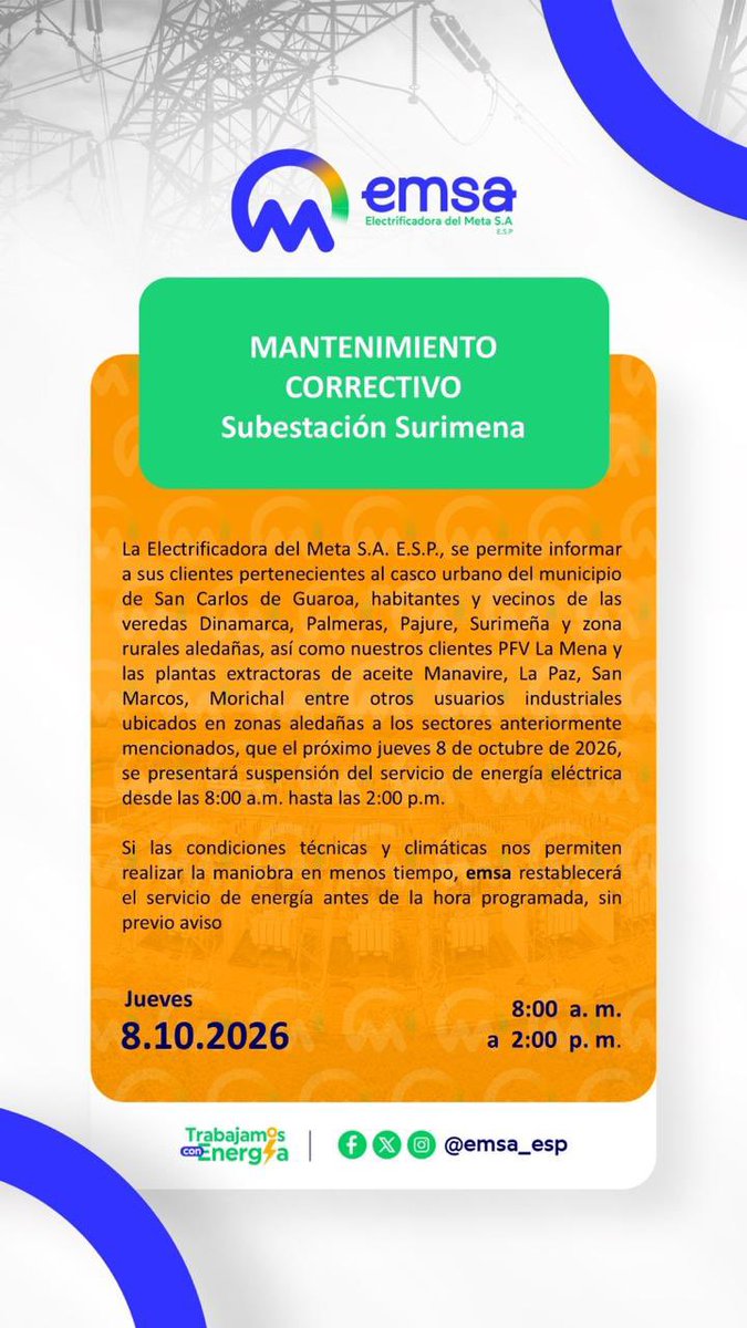 ReporterodelM's tweet photo. La Emsa continúa con sus trabajos de mantenimiento en las redes eléctricas. 🔧⚡️ Esta es información importante para 📅 7 y 8 de octubre. ✅📍 https://t.co/AAUmr1yTSD