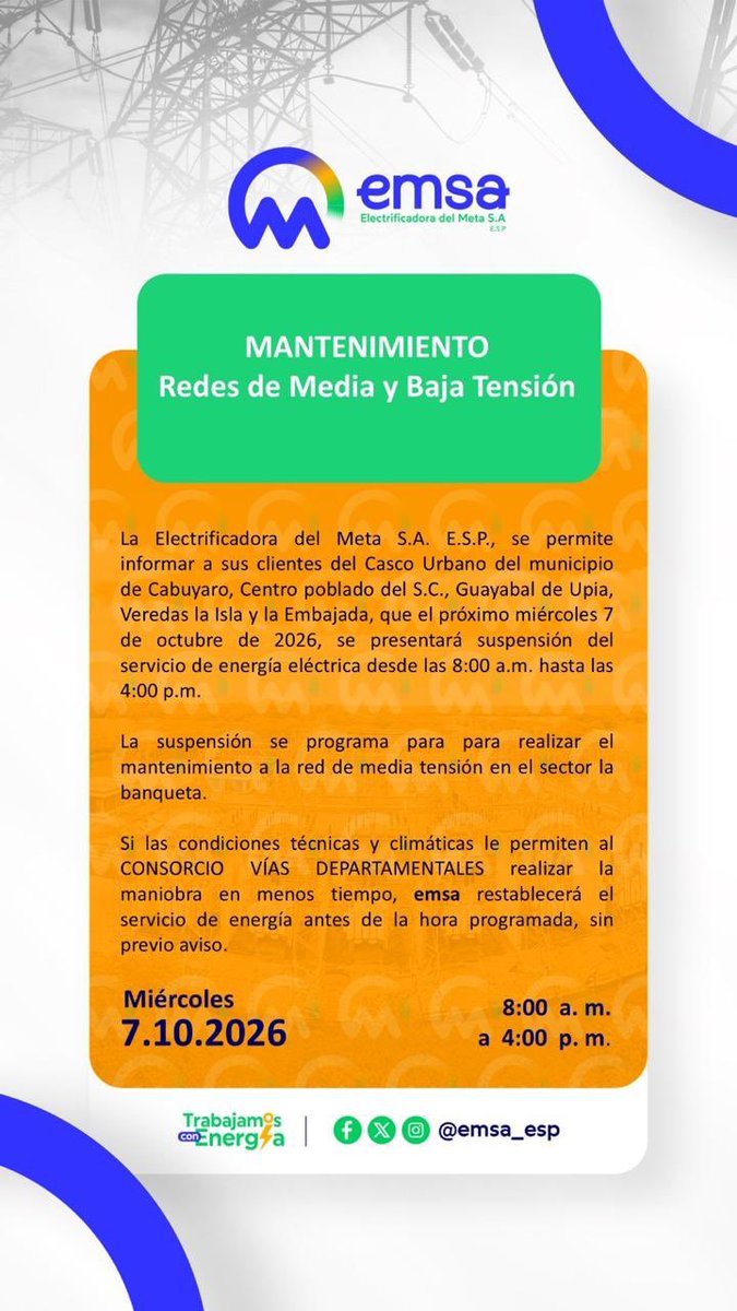 ReporterodelM's tweet photo. La Emsa continúa con sus trabajos de mantenimiento en las redes eléctricas. 🔧⚡️ Esta es información importante para 📅 7 y 8 de octubre. ✅📍 https://t.co/AAUmr1yTSD