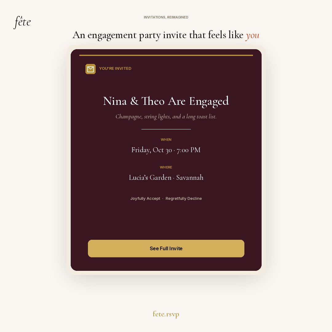 FeteRsvp's tweet photo. An engagement party invite that feels like you — Nina &amp; Theo, Oct 30 in Savannah.

Joyfully Accept. Regretfully Decline. Zero ads, ever.

https://t.co/R4a93xY6hN https://t.co/TZGcfuAkw2