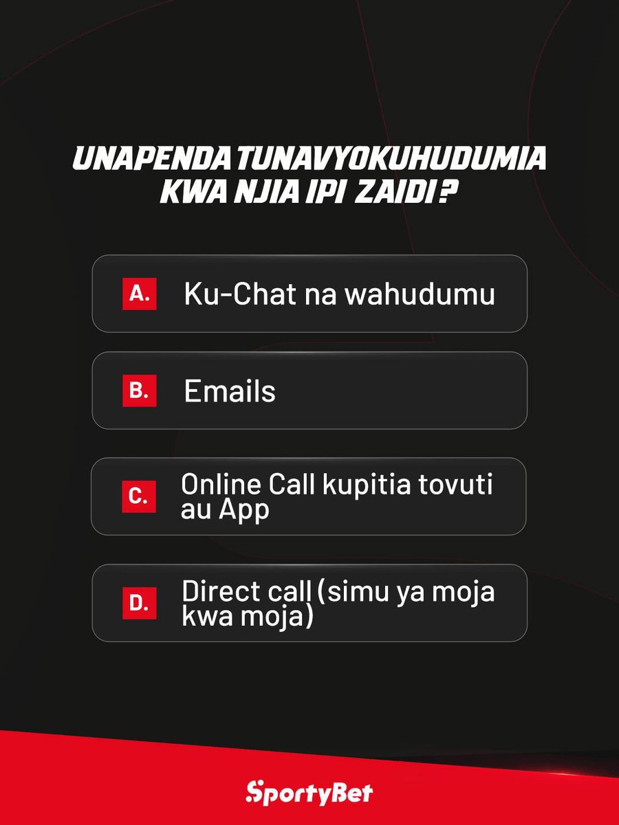 sportybettz's tweet photo. Huwa unapenda kuwasiliana nasi kwa njia ipi kutatua changamoto unazozipata?๐ค
#customerserviceweek #CSweek #SportyBet #Betting #wikiyahudumakwawateja https://t.co/qmtFgYcbri