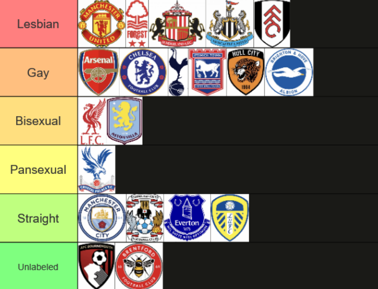 LuchoApologist's tweet photo. What sexuality the 26/27 premier league clubs are in my opinion https://t.co/oRgnOkUVrd