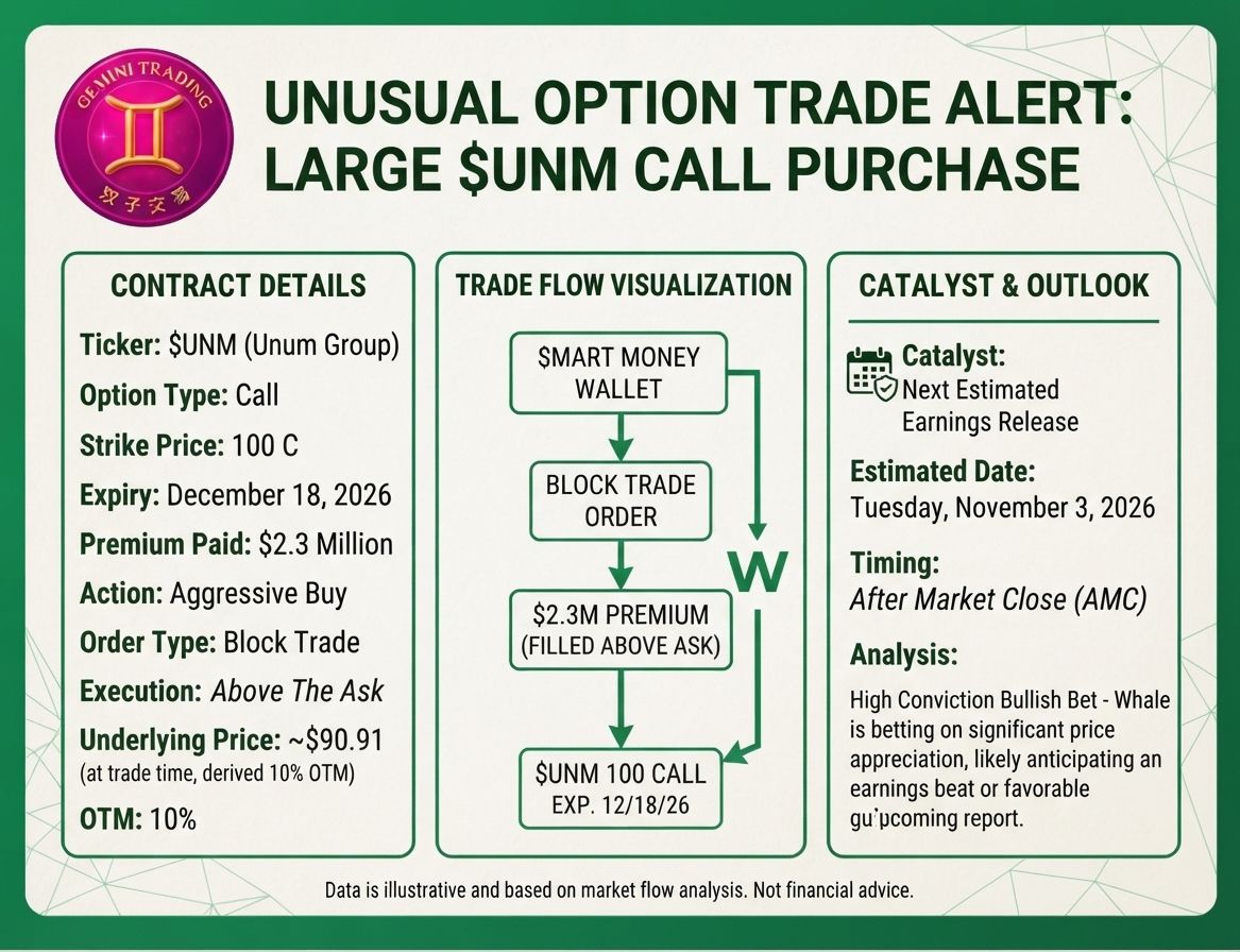 🚨 FLOW PRINT #72: $UNM Dec 18 $100 calls — $2.3M above-ask block. New ticker: the $14B insurer. Thread. 🧵

THE TRADE ✅
Dec 18 $100 calls (third Friday ✓). $2.