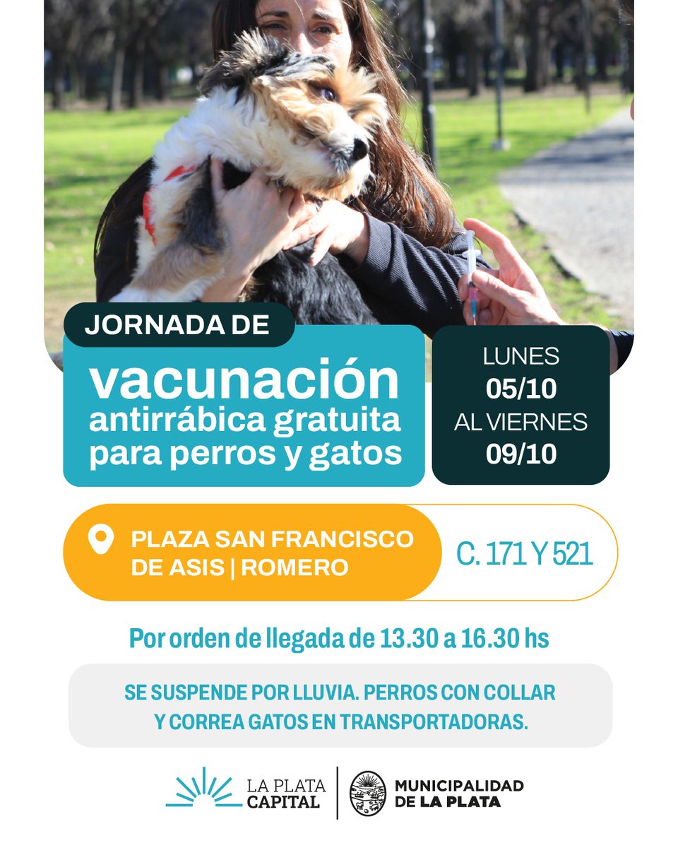 LaPlataMLP's tweet photo. ATENCIÓN | NUEVAS JORNADAS DE VACUNACIÓN ANTIRRÁBICA 🐶😺 Tomá nota y acercate con tu perro y/o gato al punto más cercano:

📍Plaza San Francisco de Asis, Romero.
📍Delegación de Villa Castells.
📍SUM "Barrio Nuevo", Ringuelet.

¡Los esperamos! https://t.co/gtZS1lB2yg