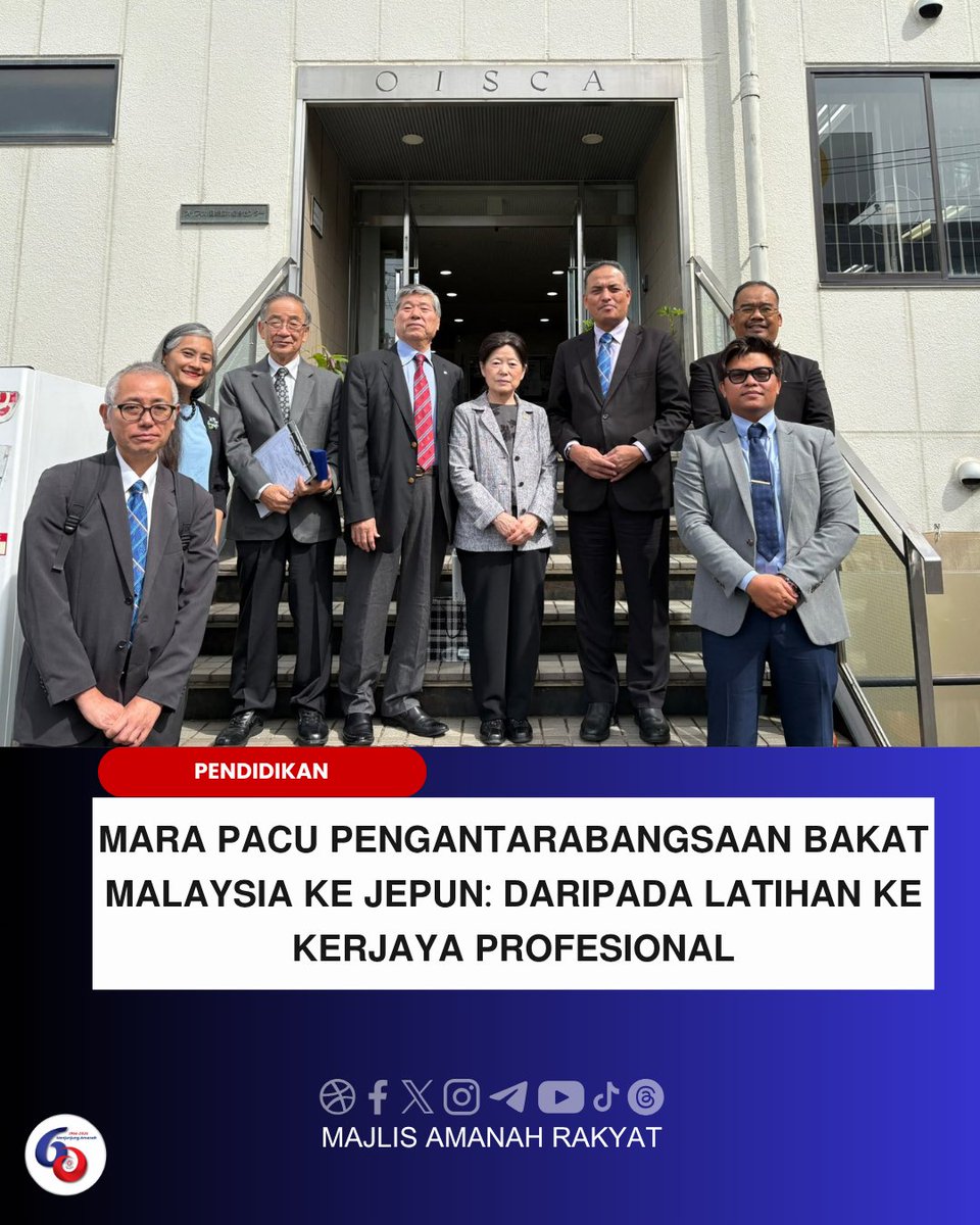 maragov's tweet photo. 𝗣𝗘𝗡𝗗𝗜𝗗𝗜𝗞𝗔𝗡 | BAKAT MALAYSIA MELANGKAH LEBIH JAUH
Kerjasama MARA–OISCA terus membuka ruang lebih luas untuk bakat Malaysia menimba pengalaman, membina kepakaran dan mengembangkan potensi di Jepun.

Daripada Malaysia ke Jepun, daripada pembelajaran kepada pengalaman sebenar dunia industri — inilah jaringan yang membuka lebih banyak laluan untuk generasi bakat masa hadapan.

Berita penuh di ruangan komen.

#WeAreGenMARA #MerakyatkanMARA #R.I.S.E #AmanahRakyat #SocioEngineeringDevelopment #AkuKasihMalaysia #HidupBiarBerjasa #MalaysiaMadani #UnifiedEntity #60TahunMARA #MenjunjungAmanah