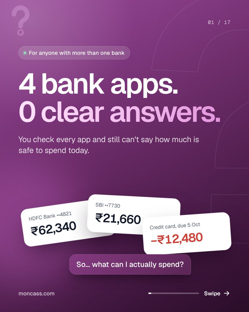 Moncassai's tweet photo. 4 bank apps on your phone. And you still don't know how much you can spend today.
So we built Moncass.🧵 1/5 https://t.co/4Bi9jOoDWT
