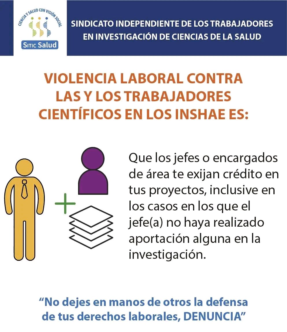 SaludSitic's tweet photo. 📢#Violencia laboral contra los #trabajadores científicos #INSHAE es:
Que los jefes o encargados de área te exijan crédito en tus proyectos, inclusive en los casos en los que el jefe(a) no haya realizado aportación alguna en la investigación 🚩🚩🚩🚩🚩 https://t.co/KgdX4gK83J