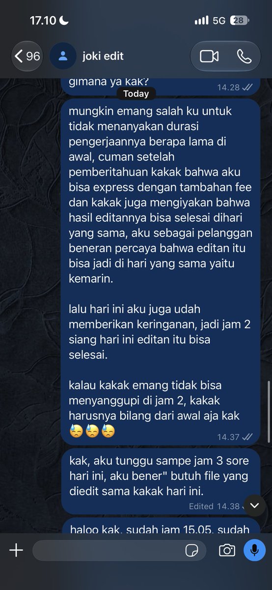 enscsi's tweet photo. ini di jam 14.28 aku minta kejelasan lagi ke kakaknya dan aku juga udah ngasih kelonggaran deadline pengerjaan yaitu jam 15.00, TAPI SEKALI LAGI GADA RESPON APAPUN🙂🙂🙂 https://t.co/GpcGtPfXh6