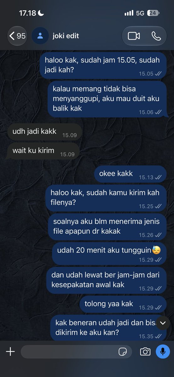 enscsi's tweet photo. akhirnya ada BALASAN TRAKHIR dari jasa joki ini jam 15.09, dia bilang udah jadi dan mau kirim, TAPI SAMPE SEKARANG GA DIKIRIM APAPUN, DI CHAT GA DIBALES, DI CALL GA DIANGKAT🙂 https://t.co/64b2hM0utJ