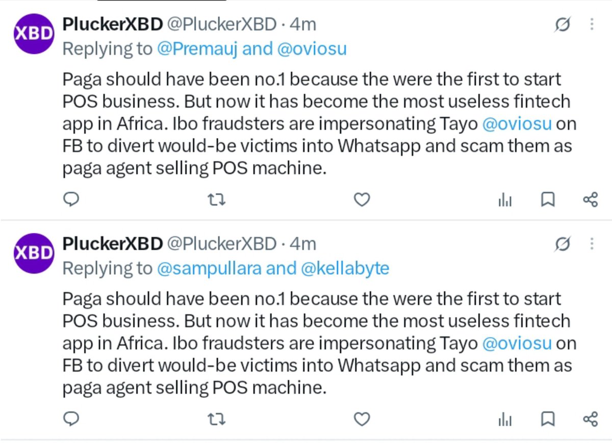 PluckerXBD's tweet photo. @oviosu @ayzerobug @saniyusuf Go and deal with those Yoruba-hating, disgruntled ex-staffs who are ruining your otherwise great company, they have a script of your Paga App, use it to gain access to would-be victims who are cajoled to deposit money into their paga app and they swipe it. Stop ignoring it. https://t.co/KL6unfNyjq