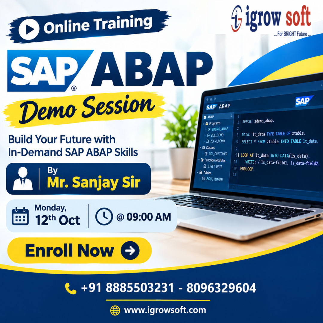 igrowsoftindia's tweet photo. SAP ABAP Online Training on Oct 12th@9:00 AM By Mr. Sanjay Sir
Visit: https://t.co/G0h7TDJnkq
Callus: +91 8885503231 - 8096329604
#sapabap #saptraining #saponlinetraining #abaptraining #sapabaptraining #sapcareer #sapjobs #sapconsultant #abapdeveloper #saplearning #onlinetraining https://t.co/qHNcmTDURq
