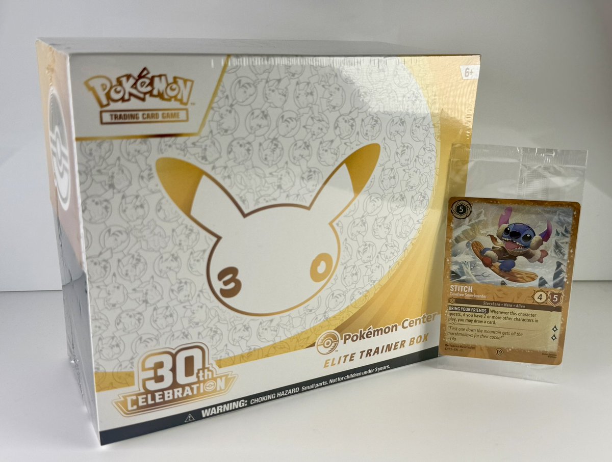 PeakHobby's tweet photo. Pokemon 30th Celebration ETB + Disney Lorcana Stitch Carefree Snowboarder Promo Giveaway!

Sponsored by Stitch

To Enter:
✅Following @StitchKings & @PeakHobby by the time winner is selected
✅Comment your favorite Pokémon or Lorcana card!

18+, US only, one comment per person
Ends 7 pm PT, Oct 12, 2026

1 winner randomly selected from eligible entries & notified via public reply + DM
Link to Official Rules in top comment