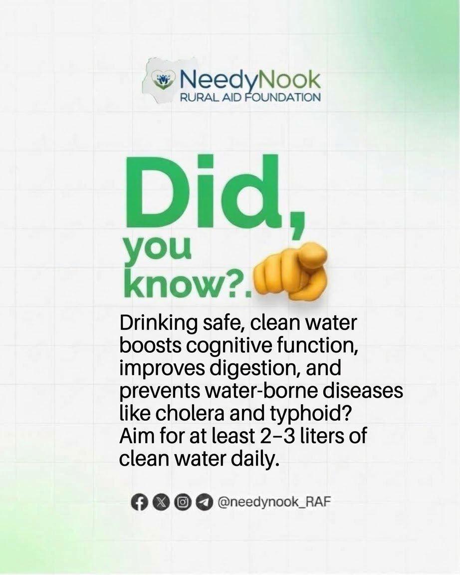needynook_RAF's tweet photo. Did you know that drinking safe, clean water boosts cognitive function, improves digestion, and prevents water-borne diseases like cholera and typhoid?
Aim for at least 2–3 liters of clean water daily. Save this post as a daily hydration reminder.
#HealthTipTuesday https://t.co/j5rgP0Q3mA