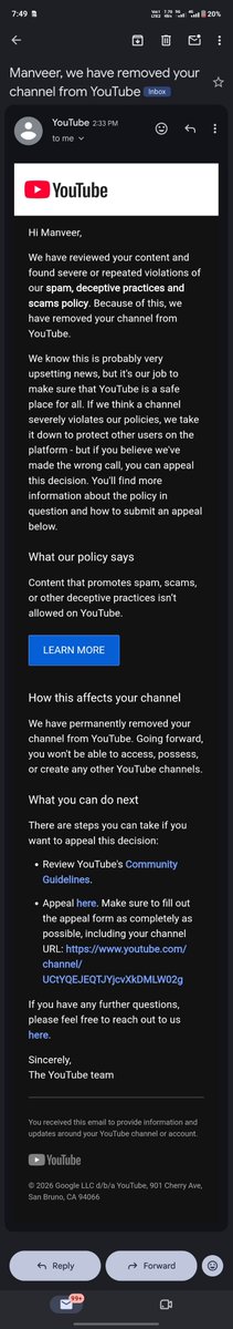 GamerManav542's tweet photo. @YouTube @TeamYouTube My channel @GamerManav542 was suddenly removed for allegedly violating the Spam, Deceptive Practices and Scams policy. I’ve never committed fraud, scams, or deceptive practices.  Please review my channel manually. I genuinely believe this was a mistake. 🙏 https://t.co/eN4R5b9kkG