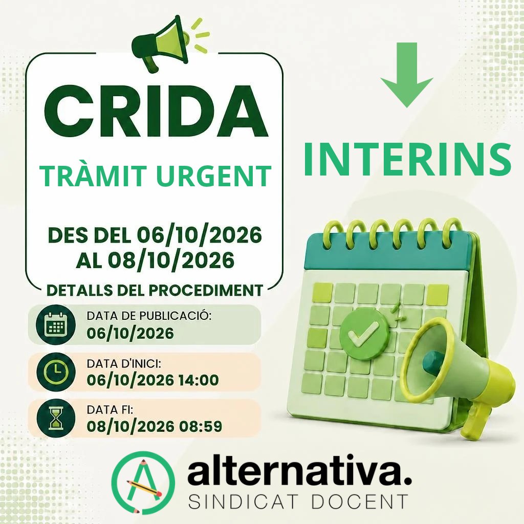 SindAlternativa's tweet photo. 🟢INTERINS: TRÀMIT URGENT
📒69 places disponibles
📅Termini: fins dia 8 d'octubre a les 8:59h
🔗Accés al tràmit i places:
https://t.co/2CaYW9xhYp
#alternativadocent #educació #balears #interins https://t.co/t5D9qloqvj