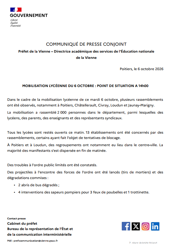 Prefet86's tweet photo. 🔴 Mobilisation lycéenne - Point de situation à 14h
Retrouvez le point de situation concernant la mobilisation lycéenne en cours dans la Vienne dans le communiqué de presse ci-dessous ⤵️ https://t.co/kMLFAoiDpG