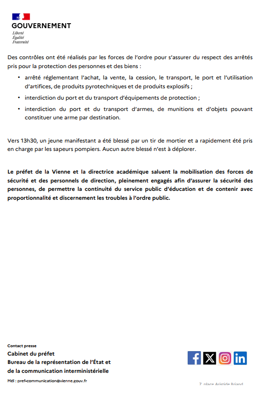 Prefet86's tweet photo. 🔴 Mobilisation lycéenne - Point de situation à 14h
Retrouvez le point de situation concernant la mobilisation lycéenne en cours dans la Vienne dans le communiqué de presse ci-dessous ⤵️ https://t.co/kMLFAoiDpG