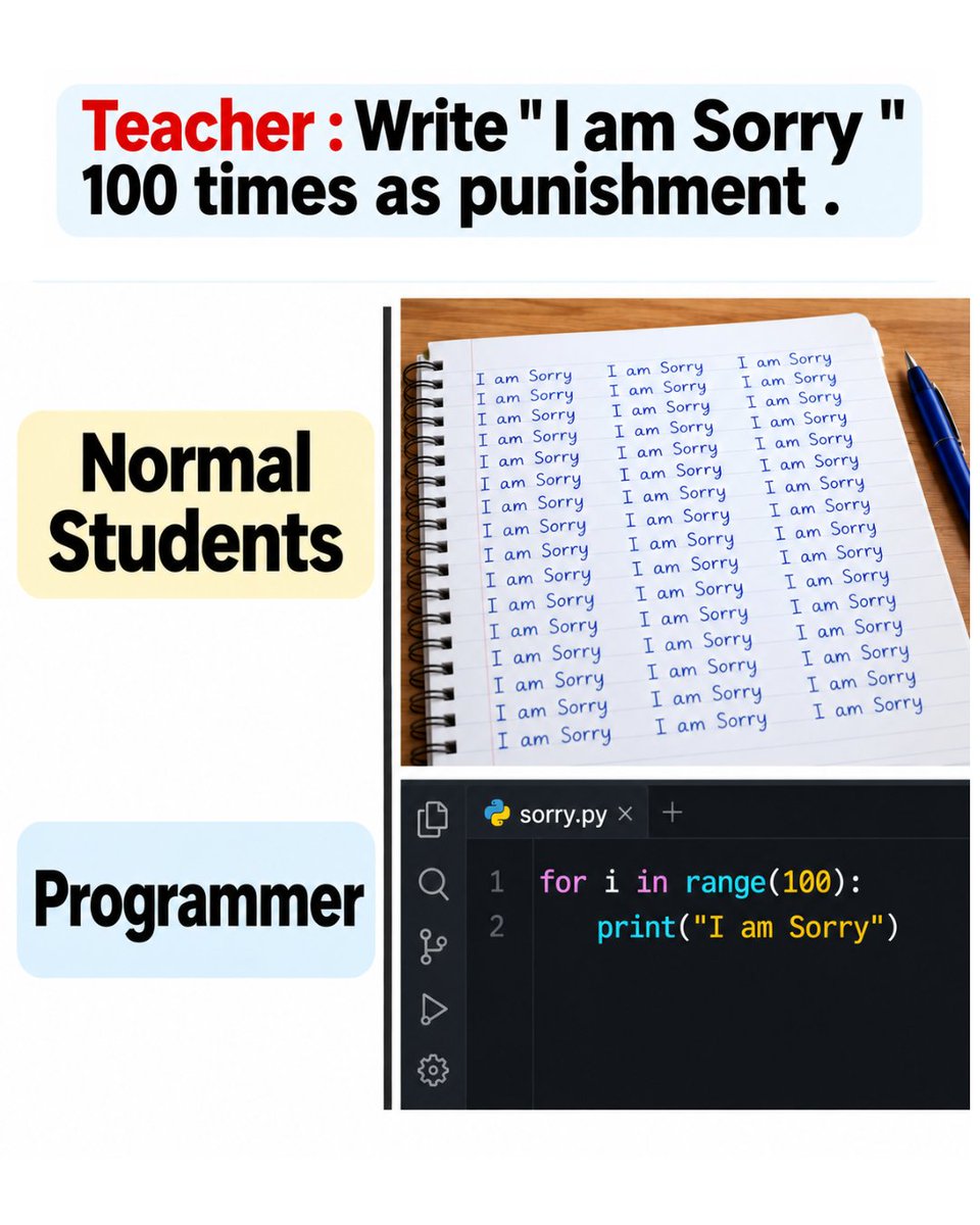 vikas0101964285's tweet photo. 100 Times ❌  One Loop ✅

Only Software engineer can do it.

#loop #looping #engineering #ProgrammingLanguages #programmer https://t.co/aUpJ2UJ2Ek