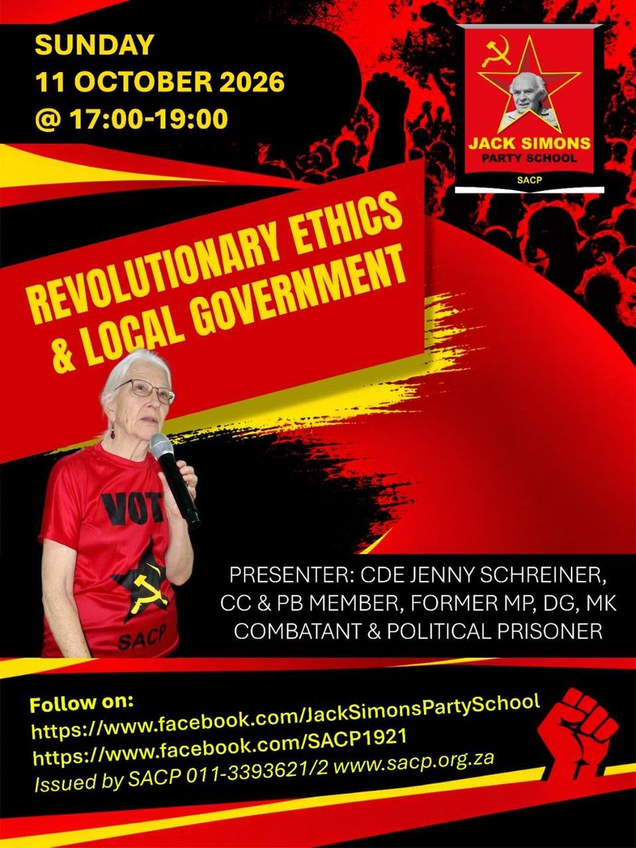 SACP1921's tweet photo. On Sunday, 11 October, SACP Central Committee and Politburo member, Comrade Jenny Schreiner, will lead a discussion on "Revolutionary Ethics &amp; Local Government". https://t.co/1dz0uCFggX