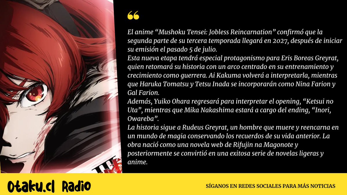 OtakuCLRADIO's tweet photo. Mushoku Tensei continúa su tercera temporada

Recuerda sintonizar nuestra radio:  https://t.co/1PpCk66gAo

#MushokuTensei #noticiasdeanime #anime2026 #anime #jpop #jrock #kpop #vocaloid #CulturaOtaku #otaku #otakucl #AnimeRadio #MushokuTenseiJoblessReincarnation https://t.co/H5kVmzw2sT