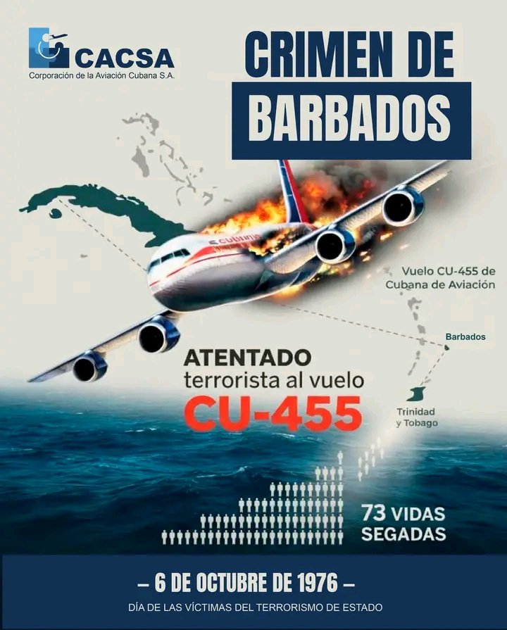 E_RdgzDavila's tweet photo. Con total impunidad, hombres de esencia fascista, cometieron hace 50 años uno de los actos terroristas más abominables de la historia, el crimen de Barbados. Hoy el repudio es el mismo de ese momento. #Cuba no olvida porque #TenemosMemoria https://t.co/IcD9YEGk2l