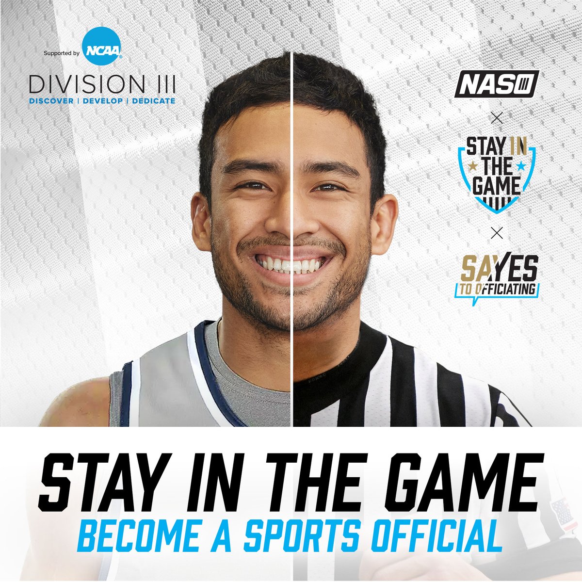NASOofficiating's tweet photo. Stay in the Game is a partnership between the Division III Commissioners Association and NASO to help DIII athletes stay connected to sports through officiating. Learn more at https://t.co/TC25PyizrG https://t.co/junqanZGOL