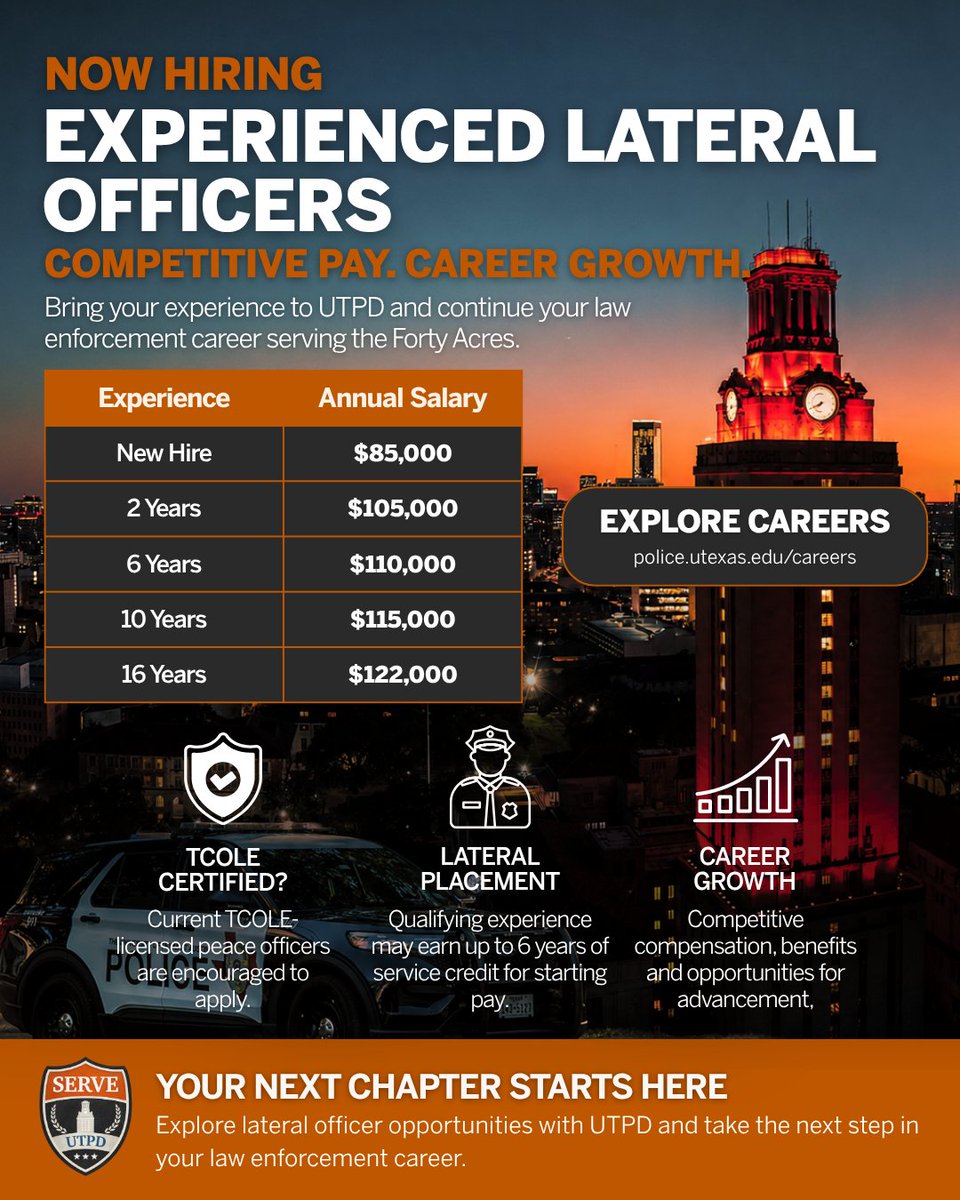 UTAustinPolice's tweet photo. Bring your experience to UTPD. 🤘

We’re hiring experienced lateral officers for opportunities across UTPD, including assignments in Patrol and Hospital Operations.

Qualifying prior law enforcement experience may count toward lateral salary placement, with competitive pay, benefits and opportunities for career growth.

Learn more and apply: https://t.co/0LVmub8bm0