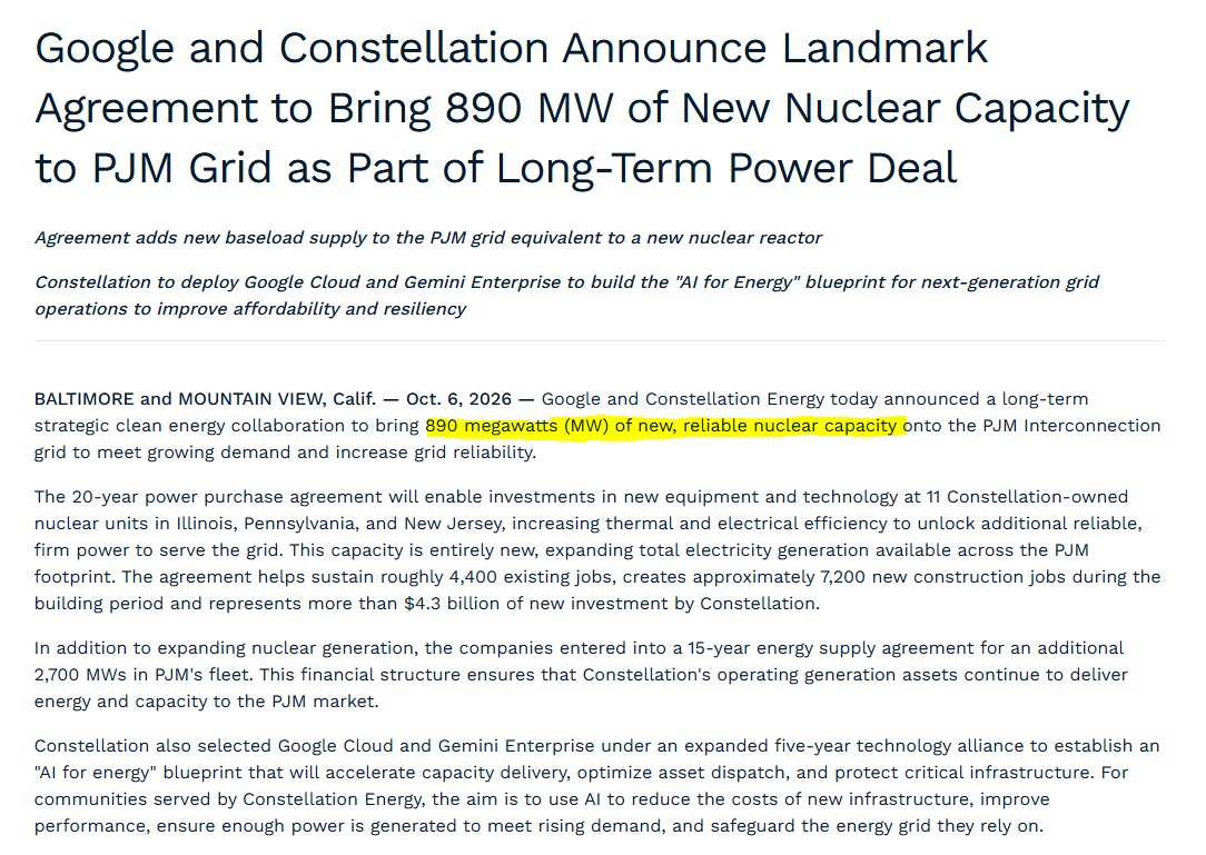 Uranium2035's tweet photo. 🇺🇸 Google $GOOGL just signed for 3,590 MW of #nuclear power from Constellation $CEG. For #uranium, only 890 MW of that matters. Here is why 👇

The deal has two parts. The bigger one, 2,700 MW, comes from reactors that already run and already burn fuel today. It changes who buys the electricity, not how much is produced.

The other 890 MW is new, but no reactor gets built. Constellation will upgrade turbines, steam generators and control systems at 11 existing reactors in Illinois, Pennsylvania and New Jersey, so each one produces about 80 MW more on average. This is called an uprate, and the first one is due by 2028⚙️

Google is not paying for the work. Constellation invests more than USD 4.3 billion, and Google's 20-year purchase commitment is what makes that spending worth it.

In pounds, that is small: up to roughly 0.4 Mlb a year, around 0.2% of global reactor requirements (Red Book 2026 requirements over GEM capacity).

The bigger story is who is buying. This is Google's third nuclear deal in about a month, after Fortum's Loviisa plant in 🇫🇮 Finland and the uprates at Vogtle and Hatch in Georgia. Amazon $AMZN signed for Calvert Cliffs last week, and Meta $META and Microsoft $MSFT already hold 20-year contracts of their own.

Look at what Google accepted to get this power: a 20-year commitment and a clause to cut non-critical consumption when the grid is under stress. PJM, the largest US grid, has proposed that big consumers bring their own supply. When the best-funded companies in the world sign on those terms, electricity is the constraint on AI, and nuclear is where they are going to solve it. 💡