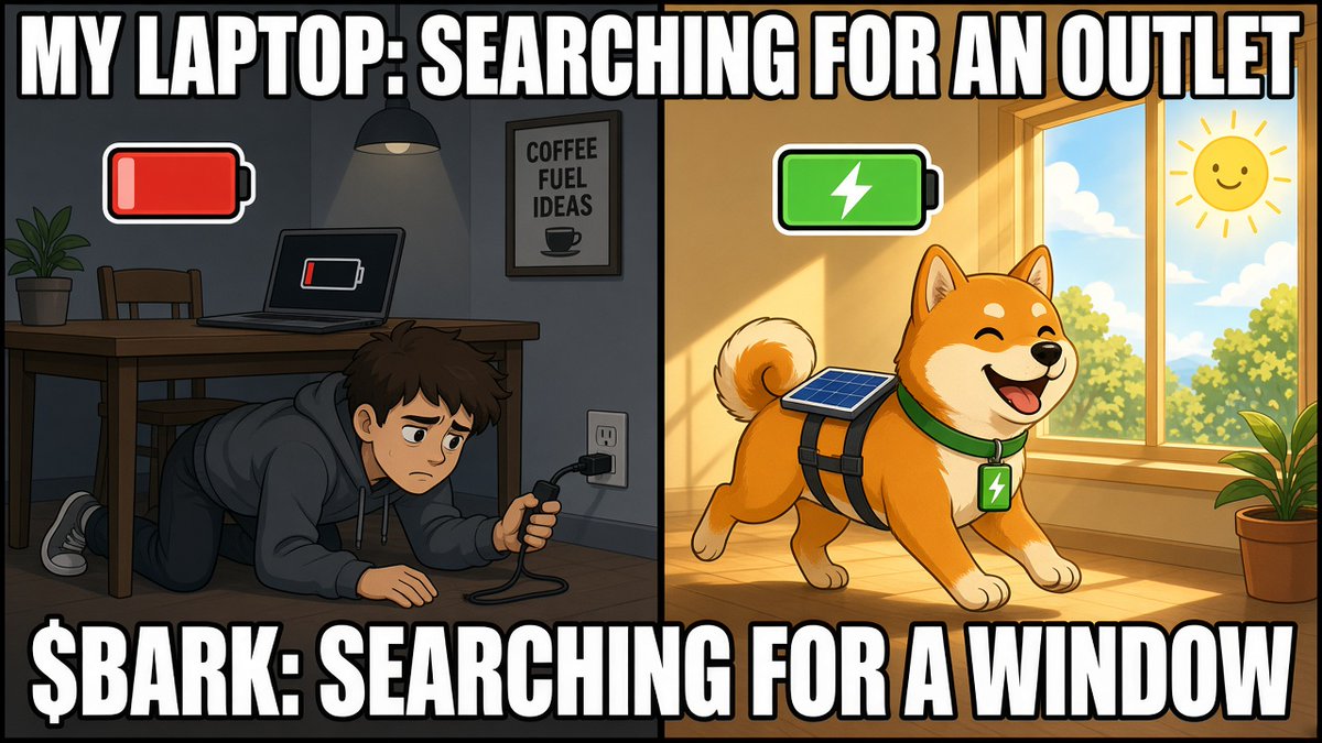 Barksolardog's tweet photo. My laptop: searching for an outlet. $BARK: searching for a window ☀️🔋 #Solana #SolarPunk https://t.co/QSK6TJmP4U