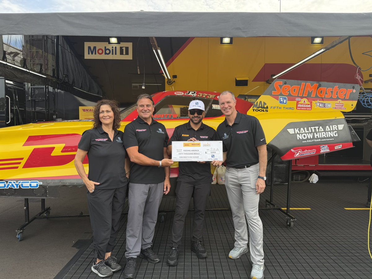 TeamKalitta's tweet photo. The 2026 Race to End Hunger keeps gaining momentum, thanks to partners like Fifth Third Bank. Their $5,000 donation to Feeding America is helping provide 50,000 meals to people facing hunger.

With support from DHL U.S. and Kalitta Air, every Team Kalitta win light over the next  3 races will add another 40,000 meals to the effort.

Together, we can make every win go further. Join us by donating! 

🔗 https://t.co/DH5wYb95R2