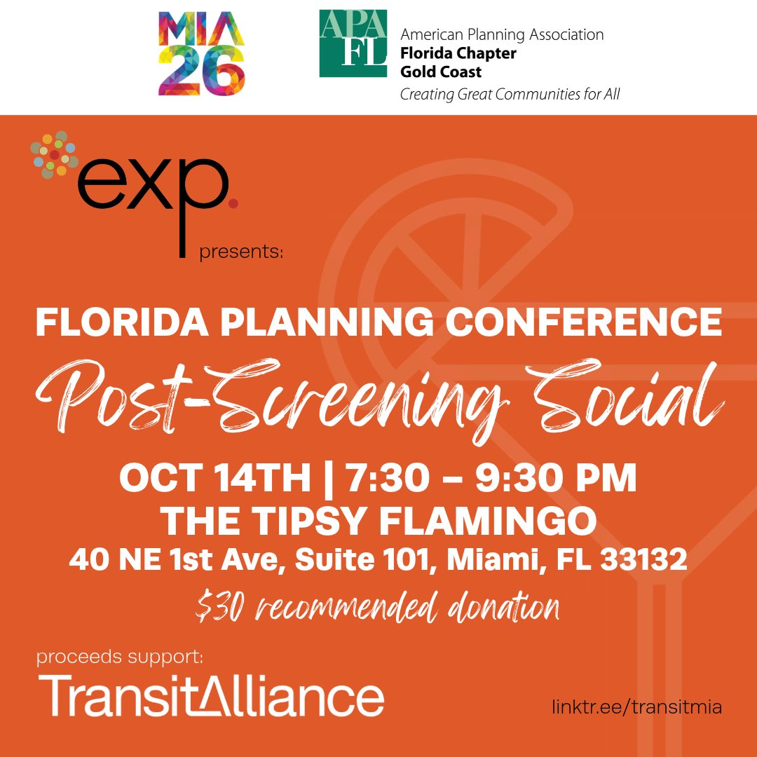TransitMIA's tweet photo. Join @exp_global_inc, Transit Alliance Miami, and the @APAFlorida for drinks, light bites, and socializing at Tipsy Flamingo🍹after the screening of Healthy Havoc. RSVP here: https://t.co/JLEuVmaEZx https://t.co/EBf4uZ4laX