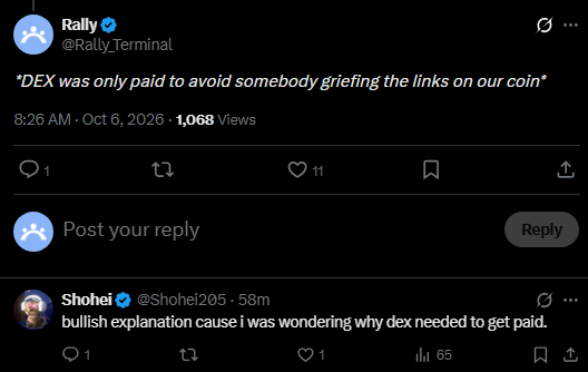Rally_Terminal's tweet photo. They fudded us because we paid DEX on our improved version of DEXscreener.

What they don't know is we only did that so the links to our coin couldn't be changed.

Never judge anyone or anything until you know the whole story. https://t.co/5QAwPBZINf