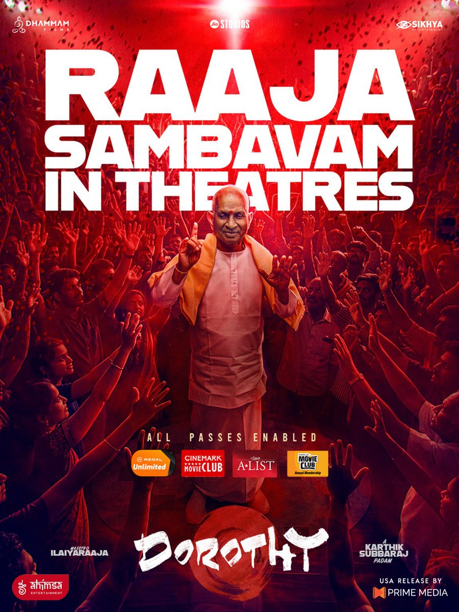 PrimeMediaUS's tweet photo. Dorothy brings pure Raaja Sambavam to theatres! 🎼🔥

Take advantage of Discount Tuesday in the USA today and catch Dorothy on the big screen before tickets sell out! 🎟️

don't miss out while everyone else is experiencing the magical theatrical atmosphere. All passes enabled! 🎬✨

What’s your favorite Ilaiyaraaja track in Dorothy? Sound off below! 👇

#Dorothy #DorothyMovie #RaajaSambavam #Ilaiyaraaja #KarthikSubbaraj #DiscountTuesday #USA #AllPassesEnabled