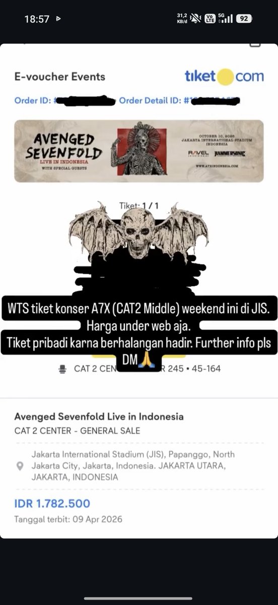 kikyoubal's tweet photo. WTS Tiket konser Avenged Sevenfold weekend ini di Jakarta. CAT 2 Center, harga underweb. Tiket pribadi, dijual karna berhalangan hadir. Yg mau tanya" DM aja #avengedsevenfold #tiketkonser #wts #zonauang #wtb https://t.co/SWpCq5grYp