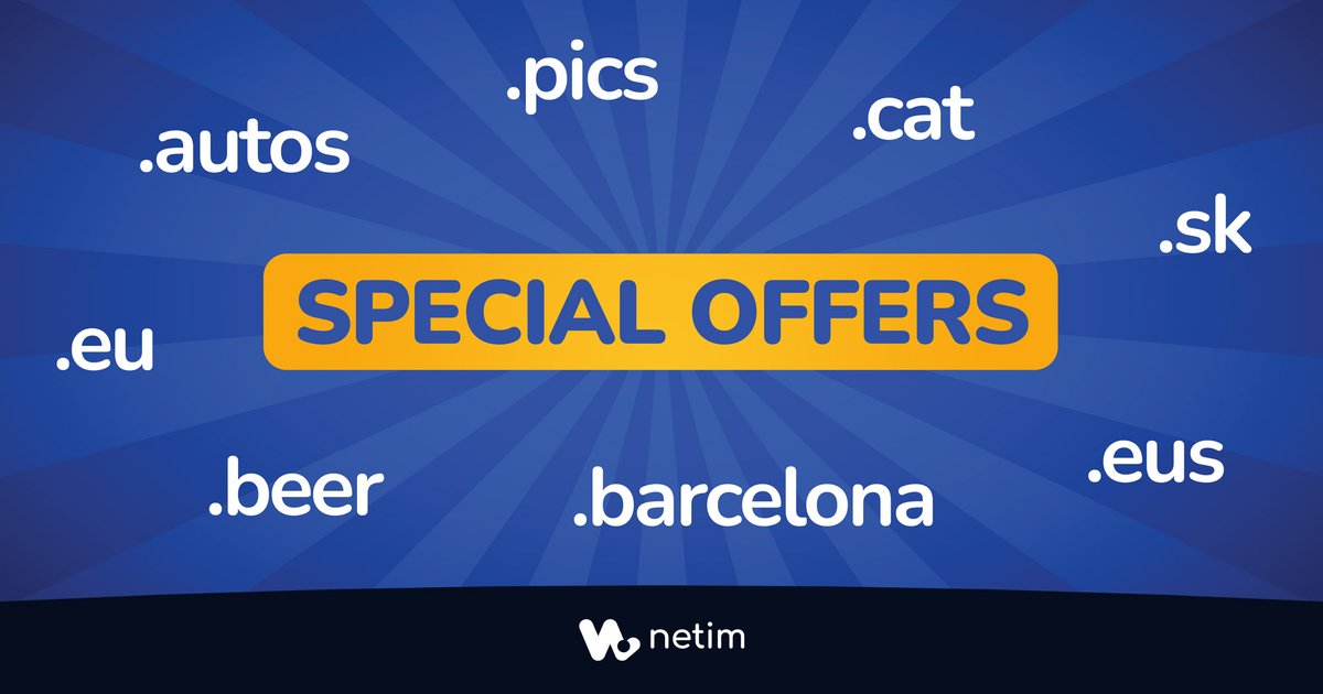 Netim_com's tweet photo. 💥 Our best current deals!

Discover our special offers to register your #DomainName at the best price 🔥

👉 https://t.co/1RXLhh3GBD https://t.co/EwEqFTzqIe