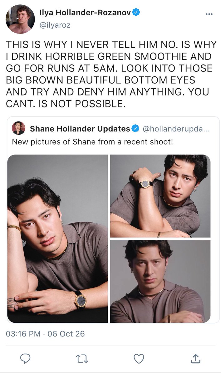 xtianpuppetshow's tweet photo. One tweet #hollanov smau — Ilya’s reaction to pictures from Shane’s newest photoshoot are as you might expect. https://t.co/DXEq3kW3Dv