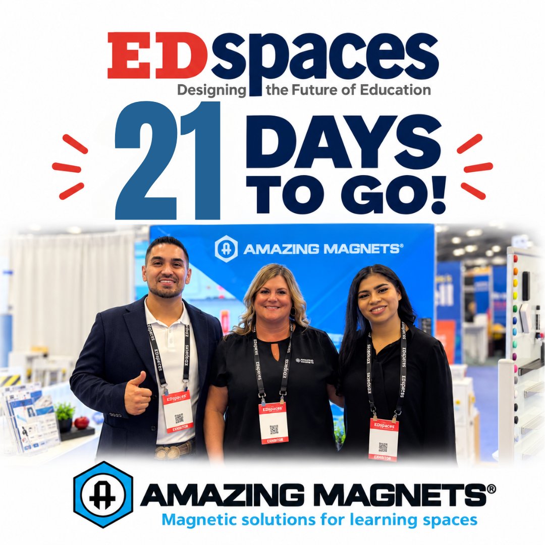 AmazingMagnets's tweet photo. Just 21 days until EDspaces! 🧲 Join Amazing Magnets in Kansas City, Missouri, at Booth #1828 to explore glassboard magnets and customizable accessories for learning spaces. Come say hello and talk magnets!

#EDspaces #AmazingMagnets https://t.co/GGQOIc9Rkb