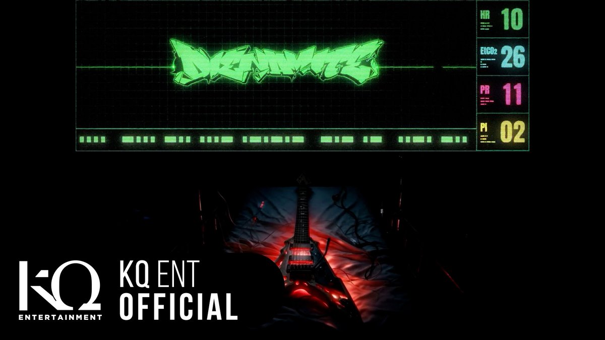 A dark KQ Entertainment promotional image featuring a glowing green graffiti-style logo and a silhouetted electric guitar, with status meters for HR, EICO2, MA, and PL.