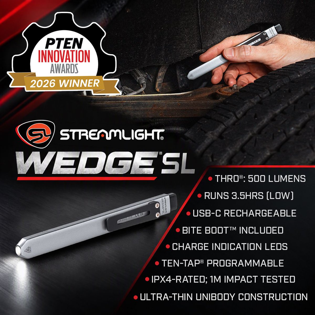 Streamlight's tweet photo. Award-winning performance, right in your pocket 🏆 
The Wedge® SL has been named a PTEN Award winner in the Safety and Personal Gear category! Thank you to the professionals and everyday users who make accomplishments like this possible https://t.co/xtlIvDA8fs
